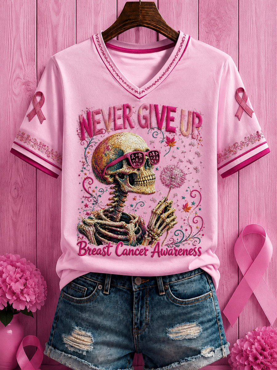 Women's Halloween Breast Cancer Pink Flowers Printed V-neck T-shirt