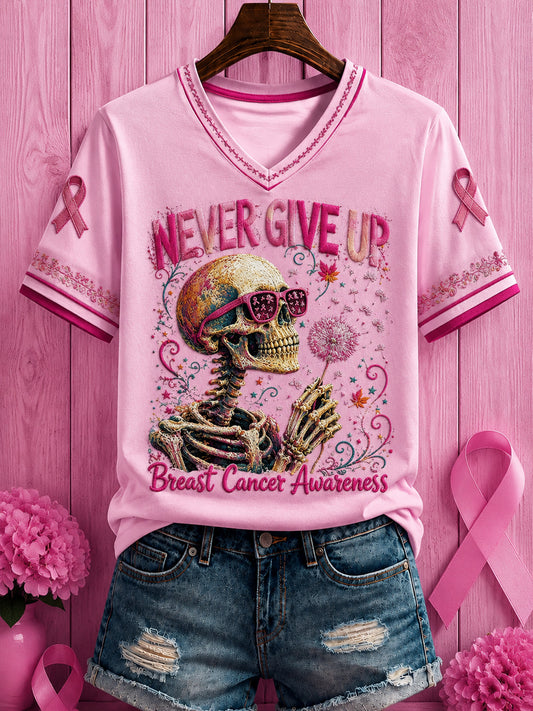 Women's Halloween Breast Cancer Pink Flowers Printed V-neck T-shirt