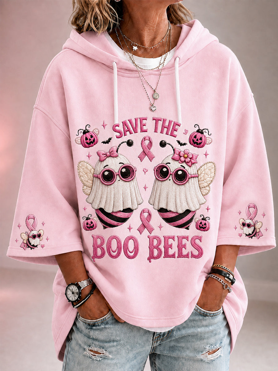 Women's Save The Boo Bees Halloween Pink Ghost Bees Print Breast Cancer Awareness Support 3/4 Sleeve Hoodie