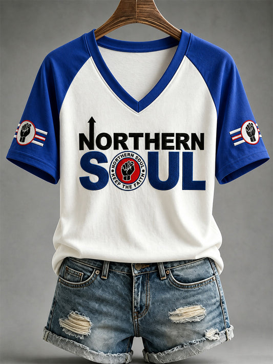 Women's Northern Soul Print Casual V-Neck Tee
