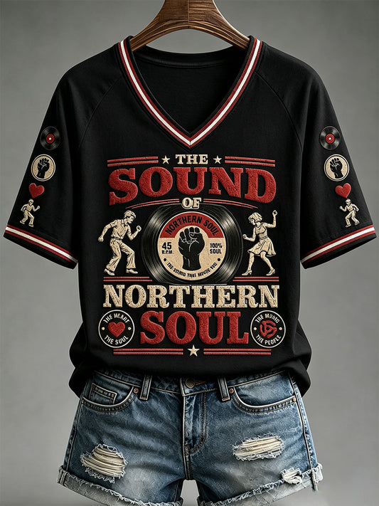 Women's Northern Soul Print Casual V-Neck Tee
