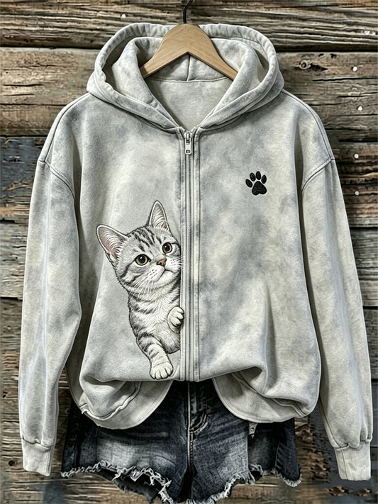 Women's Peeking American Shorthair Cat & Paw Print Full Zip Cozy Hoodie