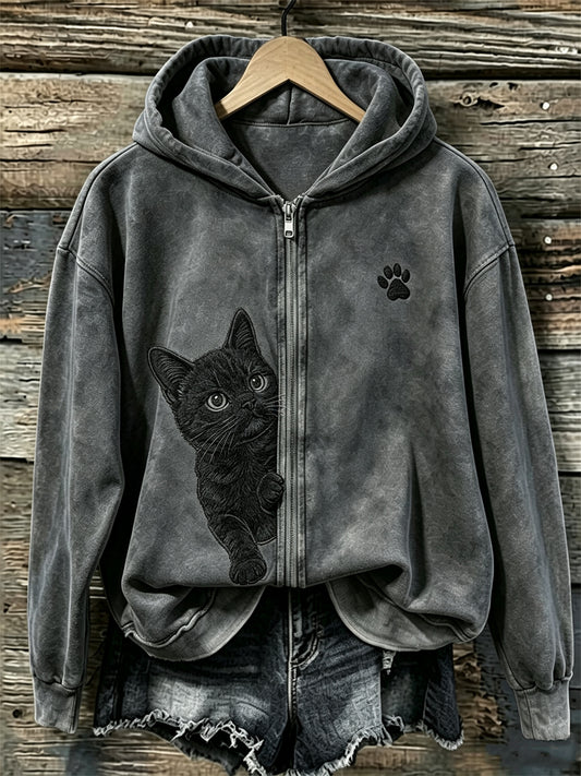 Women's Peeking Black Cat & Paw Print Full Zip Cozy Hoodie