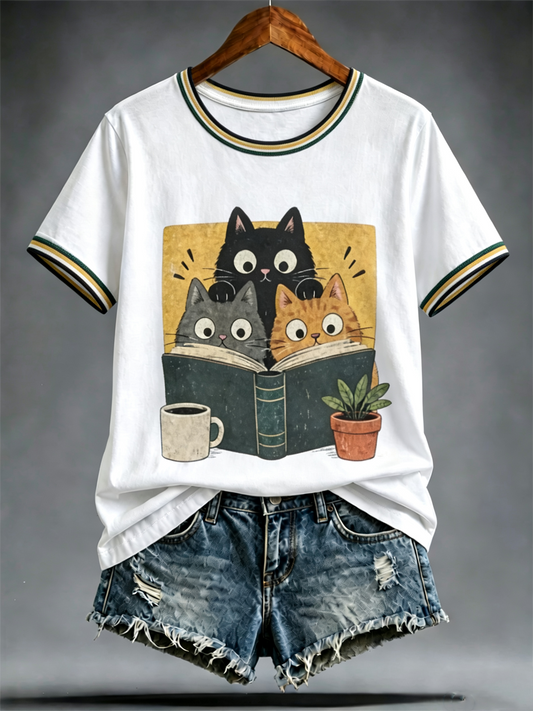 Women's Cute cat print short-sleeved T-shirt