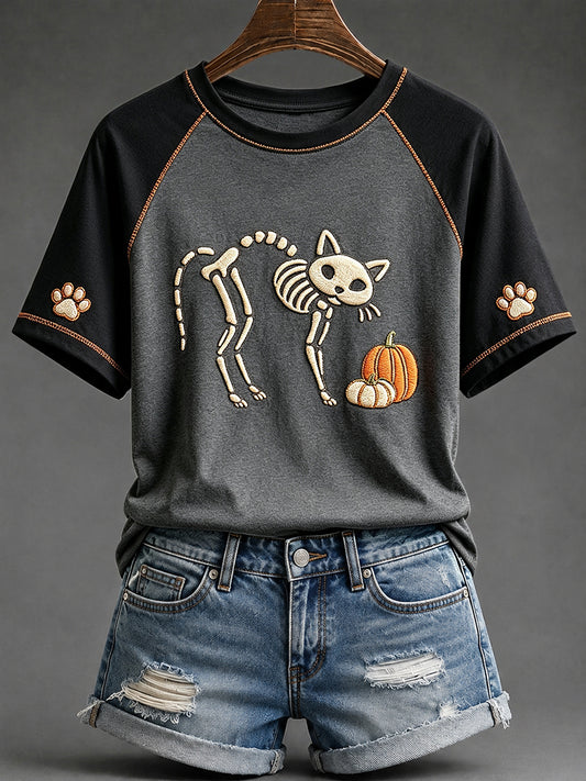 Women's Halloween Skull Cat Print Round Neck Short Sleeve T-shirt