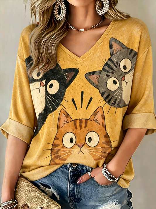 Women's Cute cat print Mid-length Sleeves V-Neck T-Shirt
