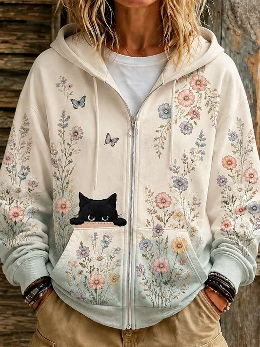 Women's Cat Floral Print  Zip-Up Hoodie