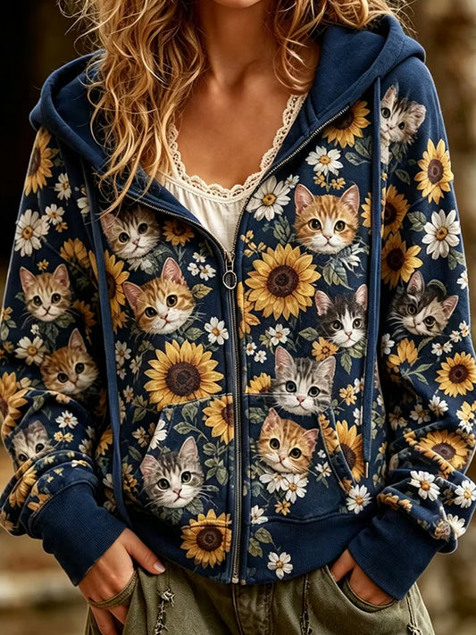 Women's Cat Floral Print Zip-Up Hoodie