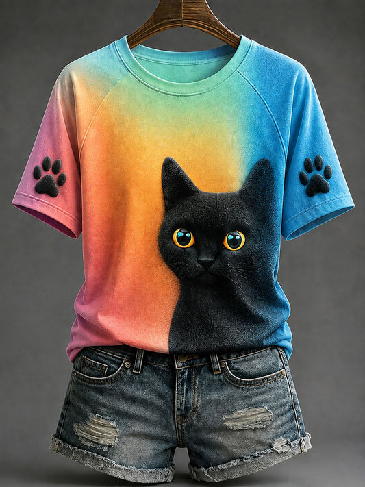 Women's Colorful Black Cat Casual T-Shirts