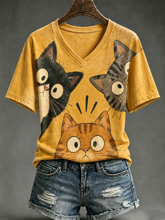 Women's Cute cat print short-sleeved T-shirt