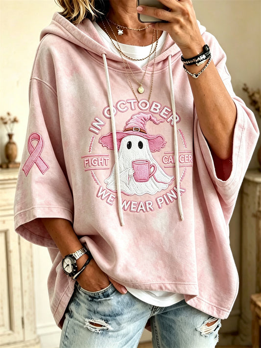 Women’s In October We Wear Pink Fight Cancer Ghost & Pink Ribbon Print Mid Sleeve Oversize Hoodie