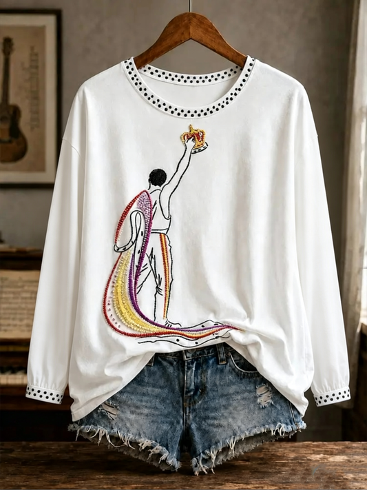 Women's UK Music Lover Q Art Printed Round neck long sleeve T-shirt