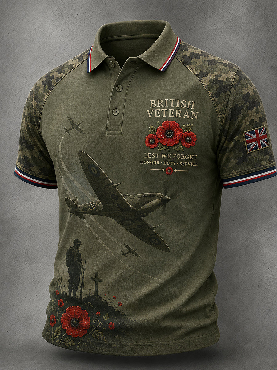 Men's Short-Sleeve Polo Shirt with Vintage Military Veteran Commemorative Print