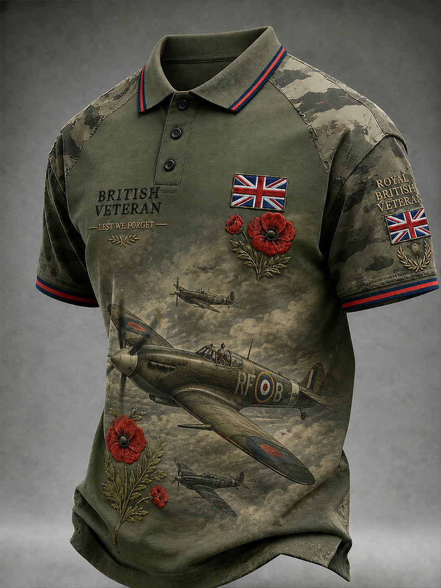 Men's Short-Sleeve Polo Shirt with Vintage Military Veteran Commemorative Print