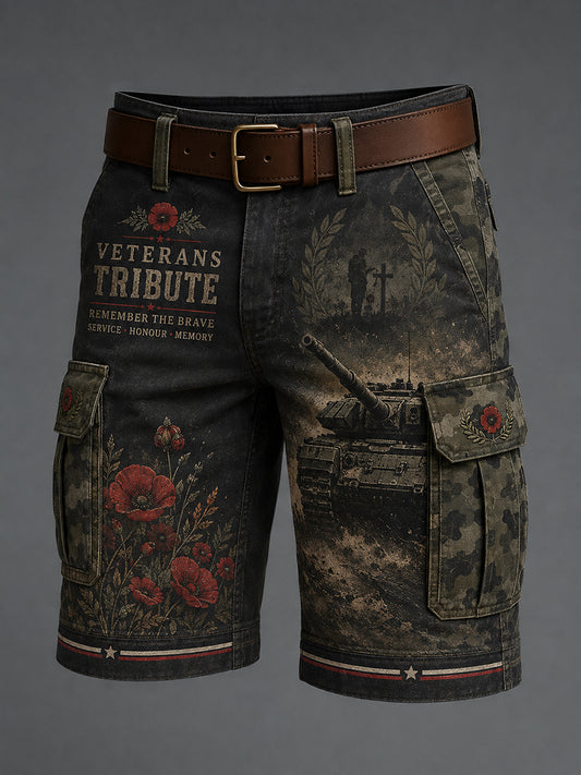 Men's Vintage Military Veteran-Themed Print Cropped Cargo Pants