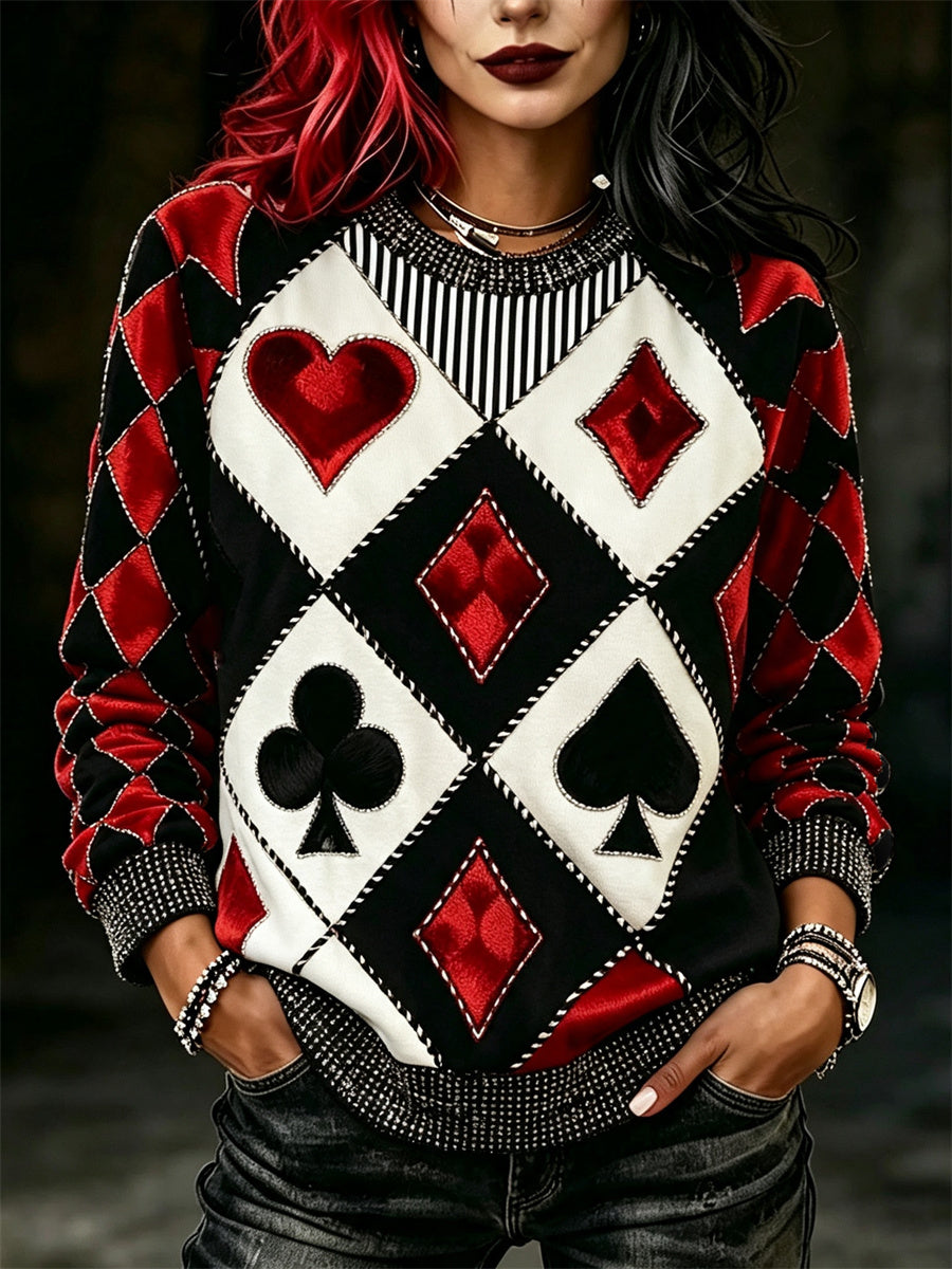 Women's Vintage Jester Inspired Poker Diamond Pattern Print Sweatshirt