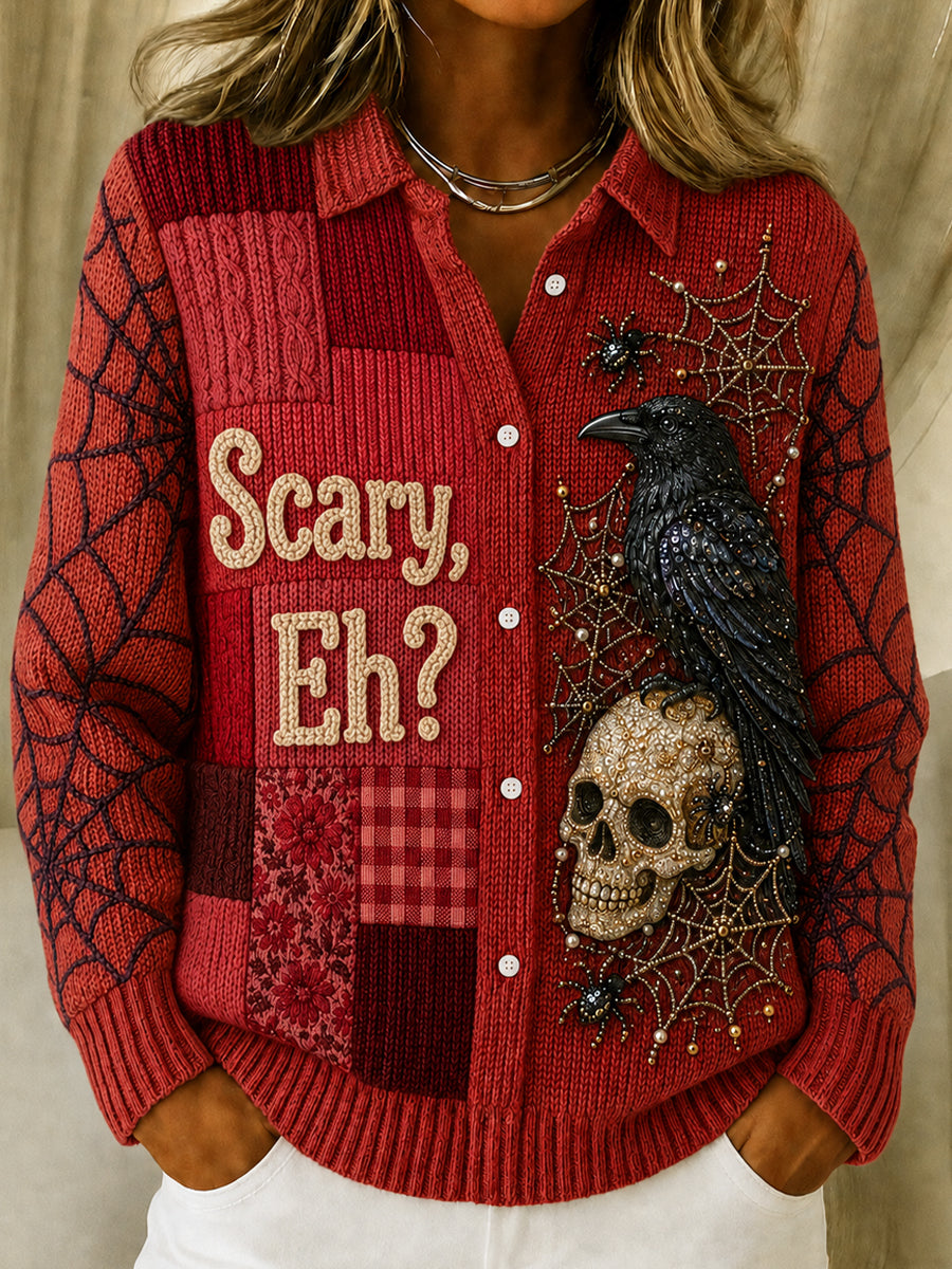 Women's Halloween Artistic Printed Lapel Long Sleeved Cardigan Sweater