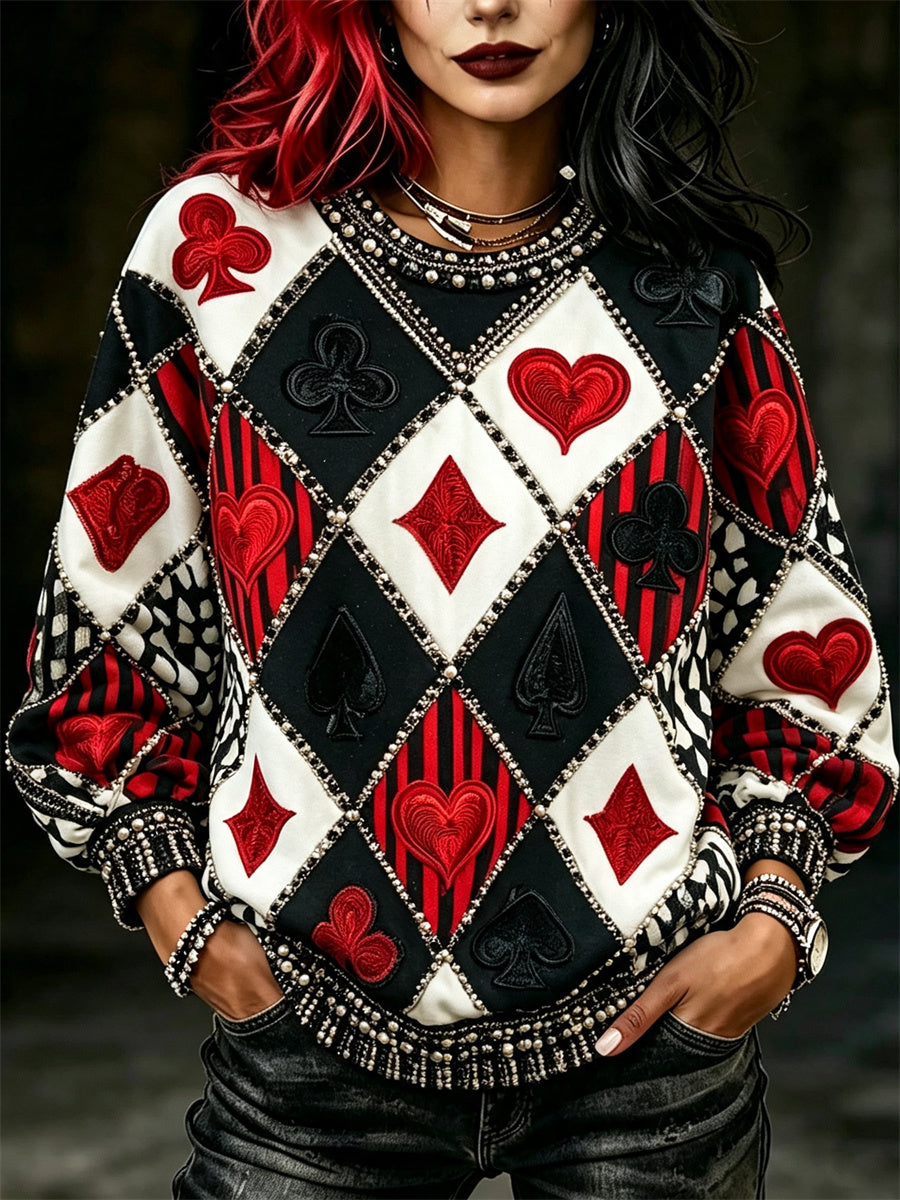 Women's Vintage Jester Inspired Poker Diamond Pattern Print Sweatshirt