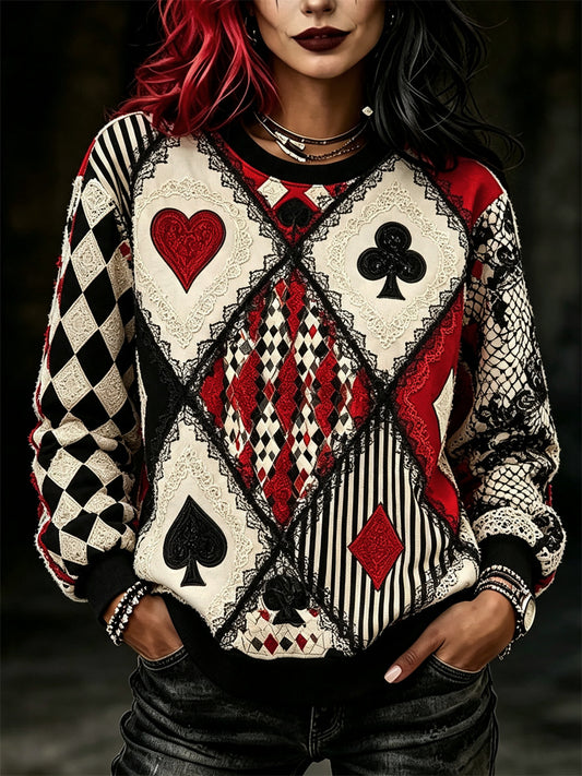 Women's Vintage Jester Inspired Poker Diamond Pattern Print Sweatshirt