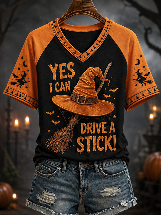 Women's Funny Halloween Why Yes,Actually I Can Drive A Stick Witch Hat Print Casual V-Neck Tee