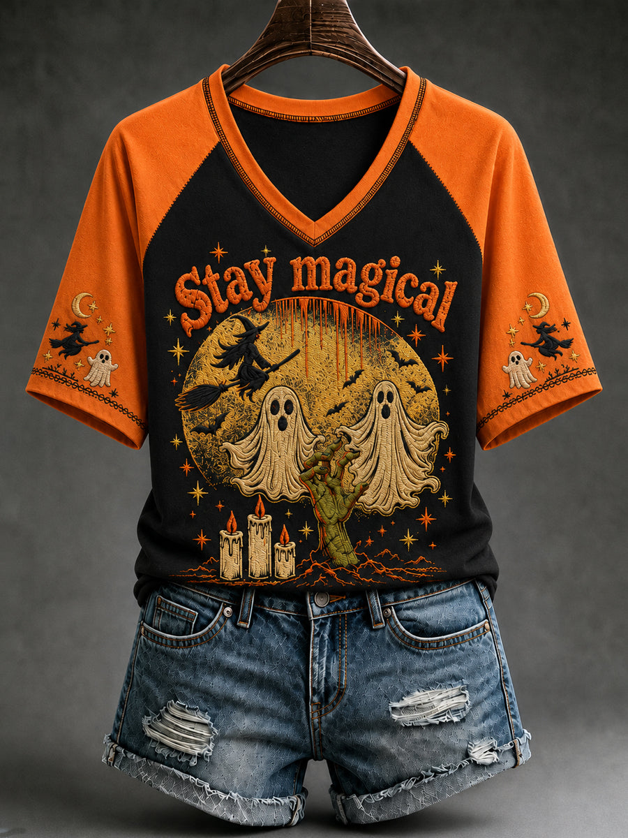 Women's Halloween Stay Magical Ghosts Witch Moon  Short Sleeve T-shirt