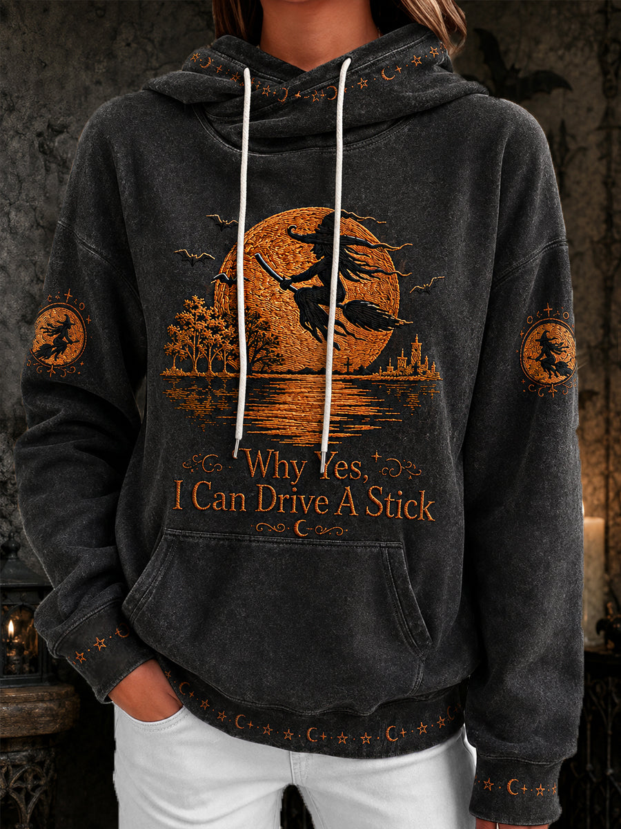 Women's Funny Halloween Witch Why Yes,Actually I Can Drive A Stick Print Casual Hoodie