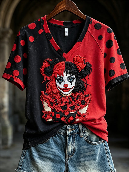 Women's Vintage Jester Inspired Polka Dots Print Contrast Color short-sleeved T-shirt
