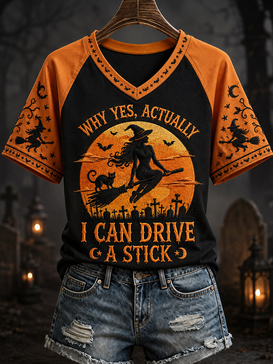 Women's Funny Halloween Witch Why Yes,Actually I Can Drive A Stick Print Casual V-Neck Tee
