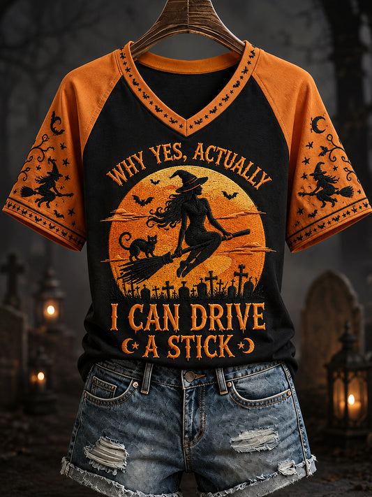 Women's Funny Halloween Witch Why Yes,Actually I Can Drive A Stick Print Casual V-Neck Tee