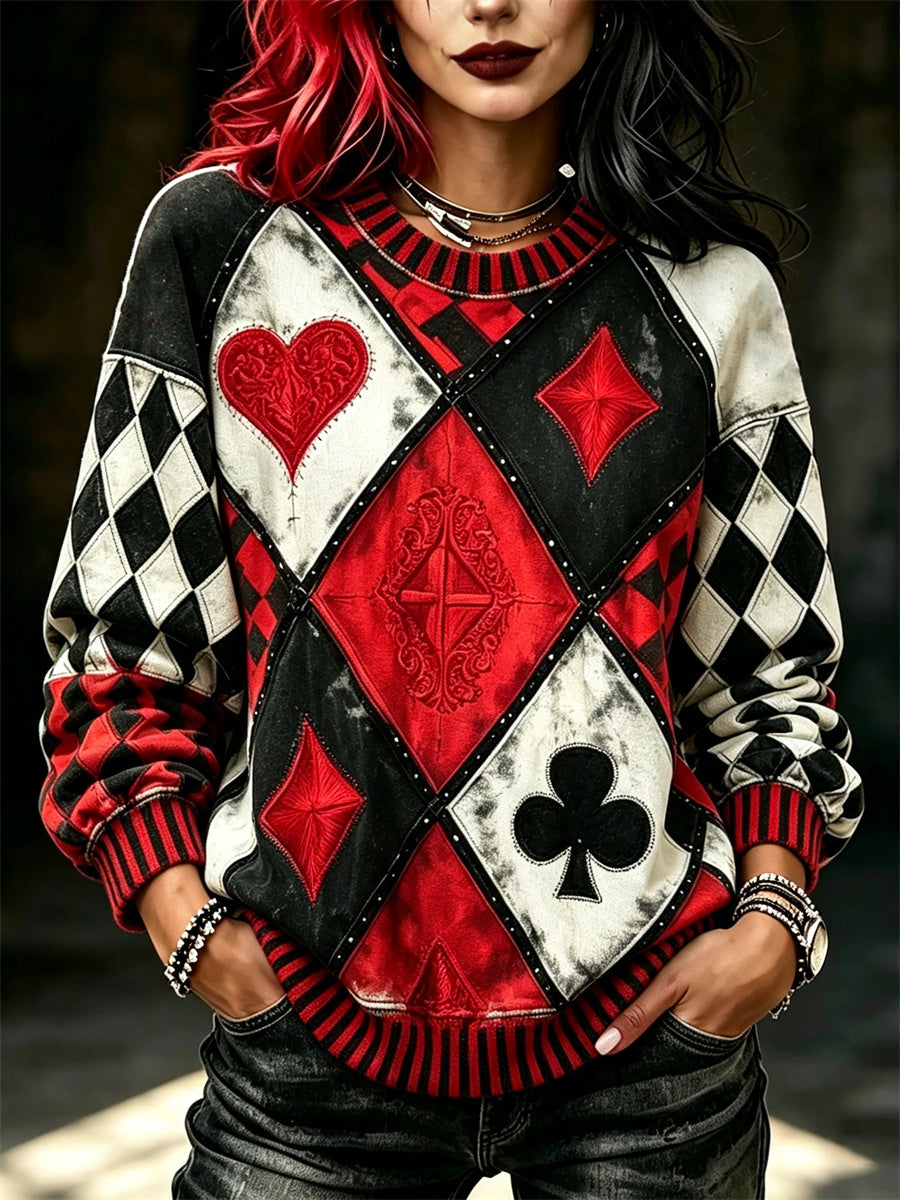 Women's Vintage Jester Inspired Poker Diamond Pattern Print Sweatshirt