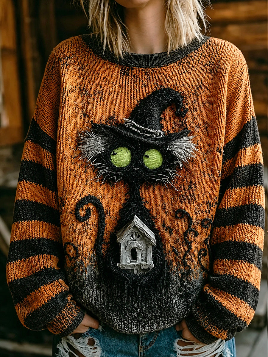 Womens' Halloween Art Printed Round Neck Comfortable Sweater
