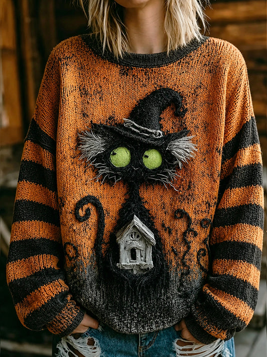 Womens' Halloween Art Printed Round Neck Comfortable Sweater