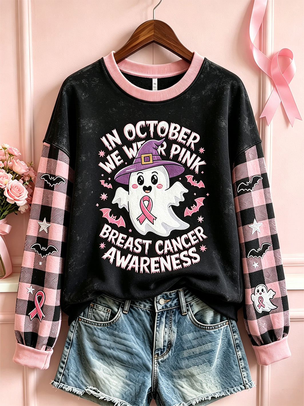 Women's Breast Cancer Theme Halloween Cute Boo Elements Pattern Printed Casual  Sweatshirt