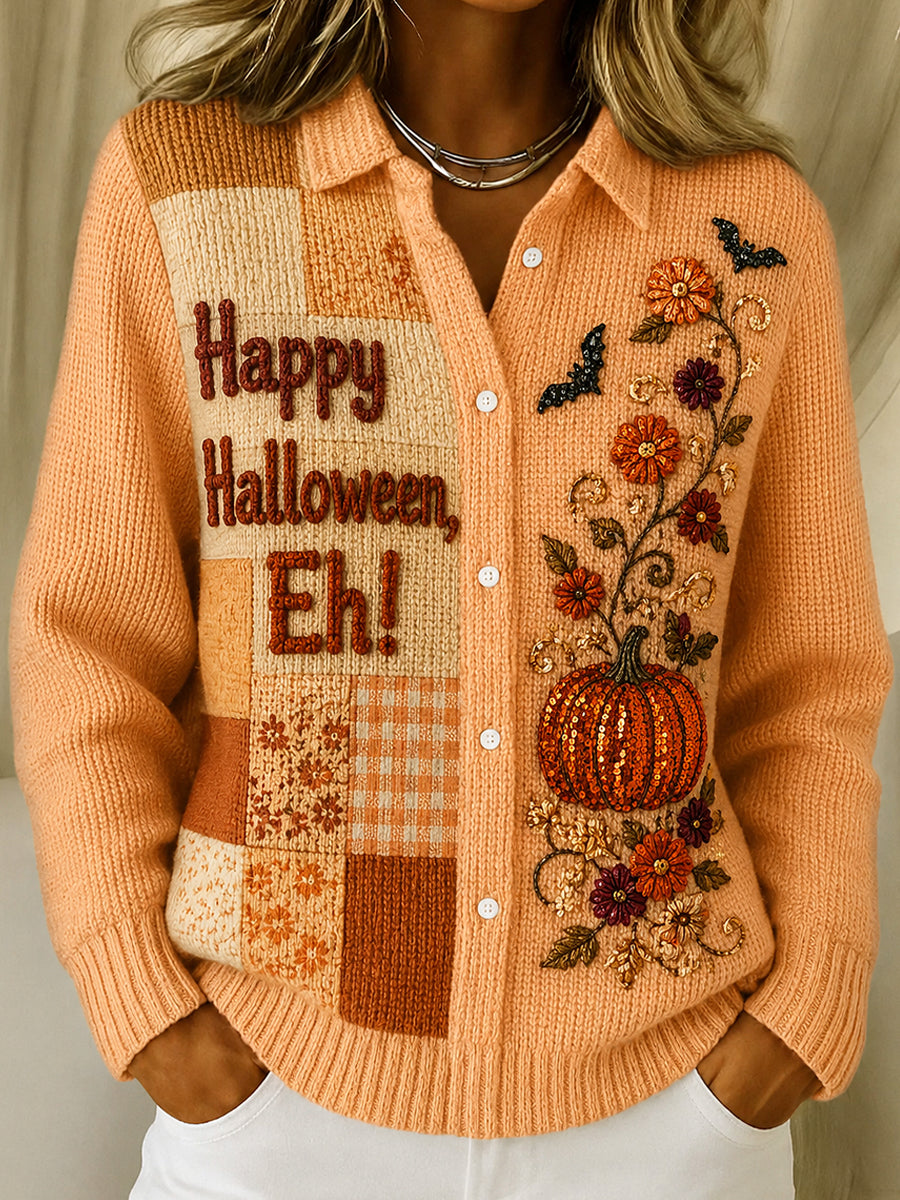 Women's Halloween Artistic Printed Lapel Long Sleeved Cardigan Sweater