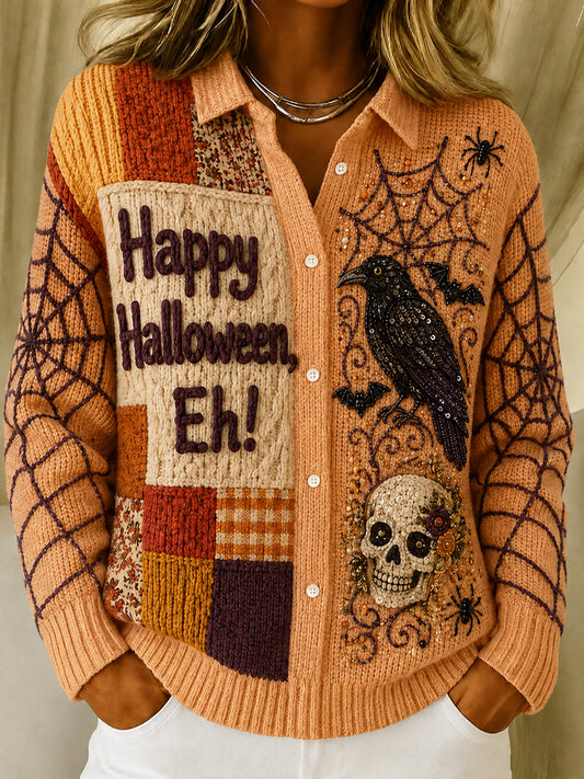 Women's Halloween Artistic Printed Lapel Long Sleeved Cardigan Sweater