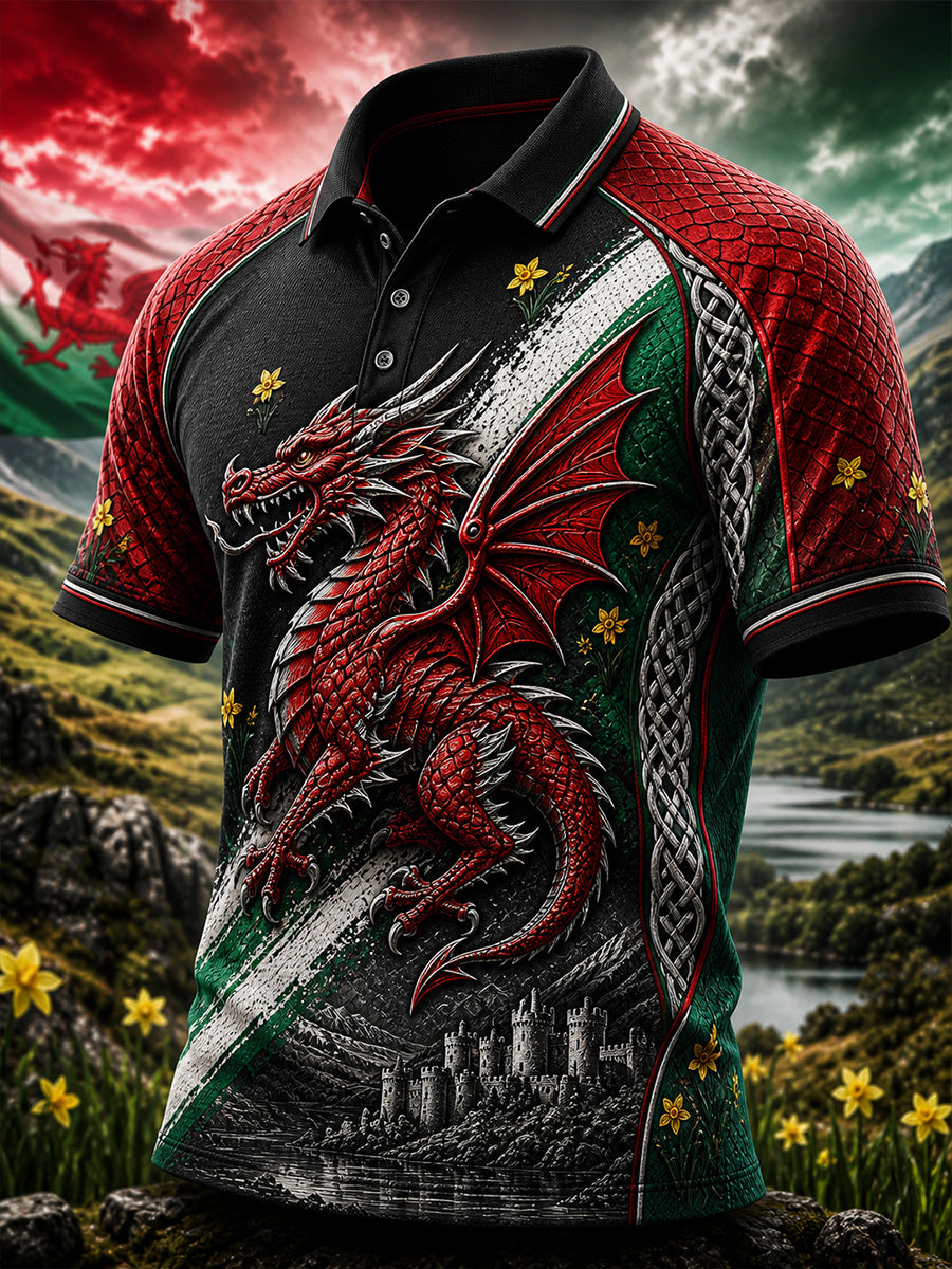 Vintage-Style British Welsh Art Print Casual Polo Shirt