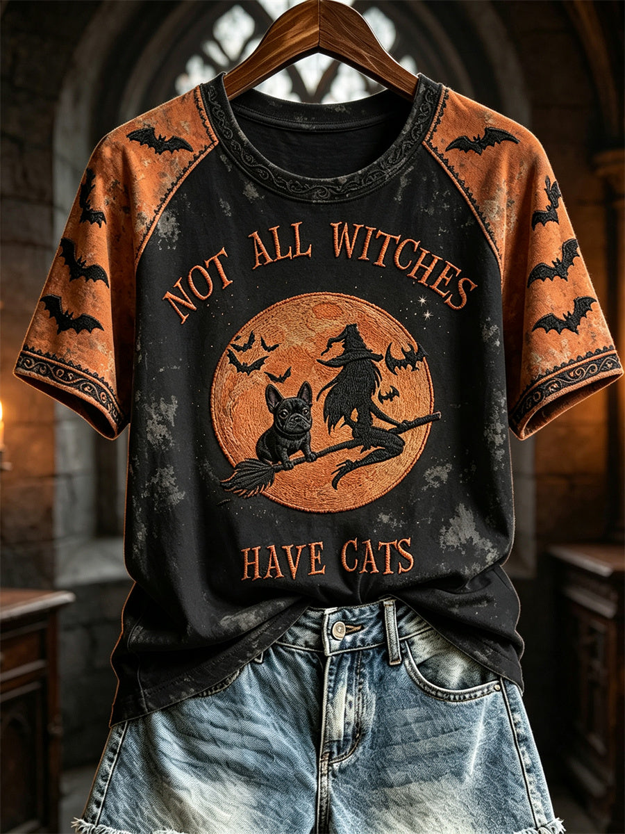 Women's Not All Witches Have Cats Witch with Bulldog Print short sleeve T-shirt