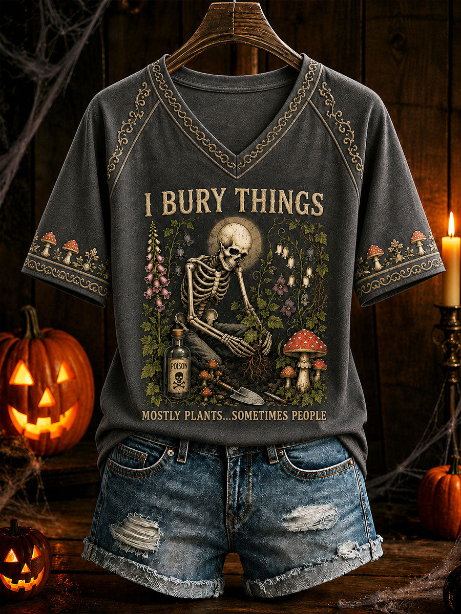 Women's "I Bury Things, Mostly Plants, Sometimes People" Halloween Floral Casual T-shirt