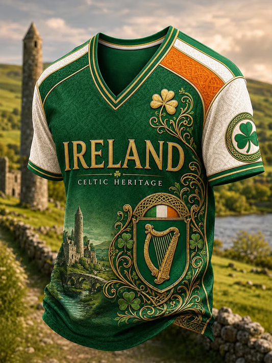 Men's Irish patriotic cultural print V-neck T-shirt