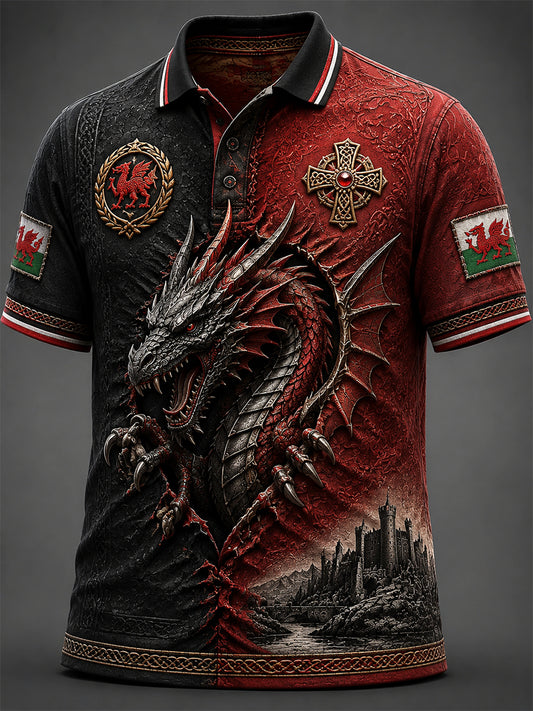 Men's Welsh Red Dragon Printed Short-Sleeve Polo Shirt