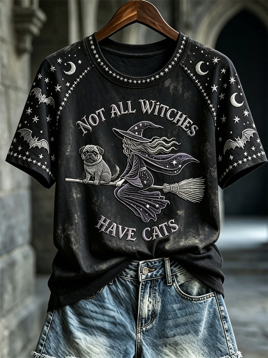 Women's Halloween Not All Witches Have Cats Witch & Pug Dog Print short sleeve T-shirt