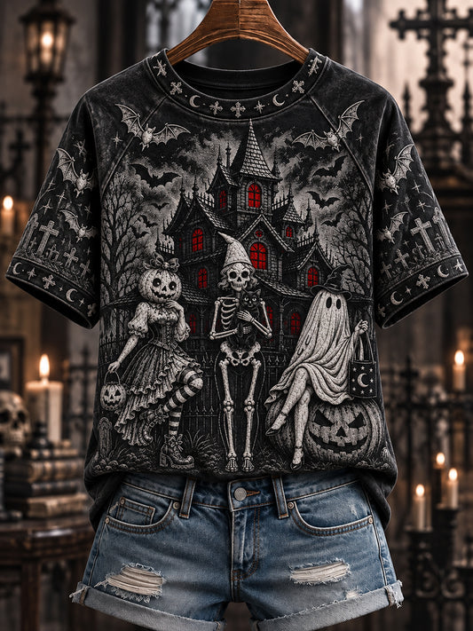 Women's Gothic Halloween Girls Print Round Neck Short Sleeve T-shirt