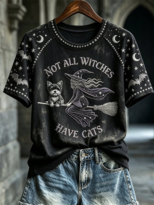 Women's Halloween Not All Witches Have Cats Witch & Yorkie Dog Print short sleeve T-shirt