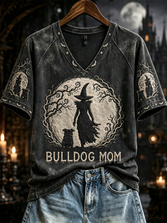 Women's Bulldog Mom Halloween Night Witch & Bulldog Print short sleeve T-shirt