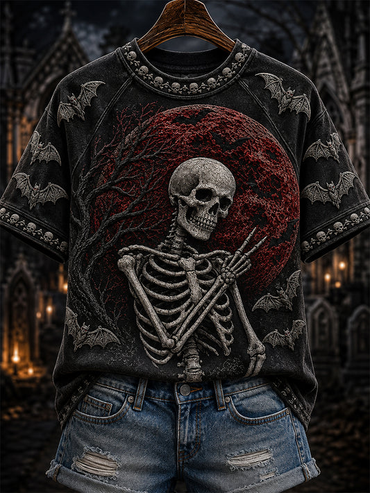 Women's Halloween Red Moon Skeleton Print Round Neck Short Sleeve T-shirt