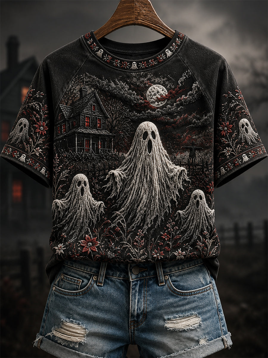 Women's Halloween Spooky Ghost Print Round Neck Short Sleeve T-shirt