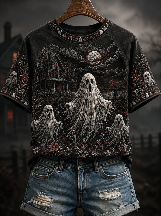 Women's Halloween Spooky Ghost Print Round Neck Short Sleeve T-shirt