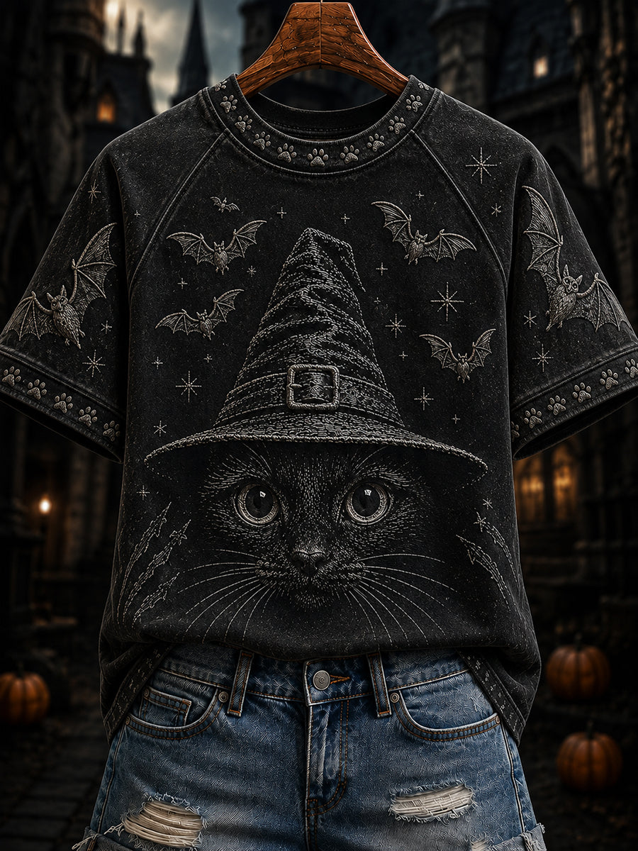 Women's Halloween Witch Cat Print Round Neck Short Sleeve T-shirt