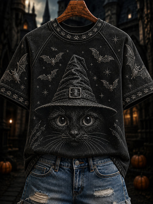 Women's Halloween Witch Cat Print Round Neck Short Sleeve T-shirt