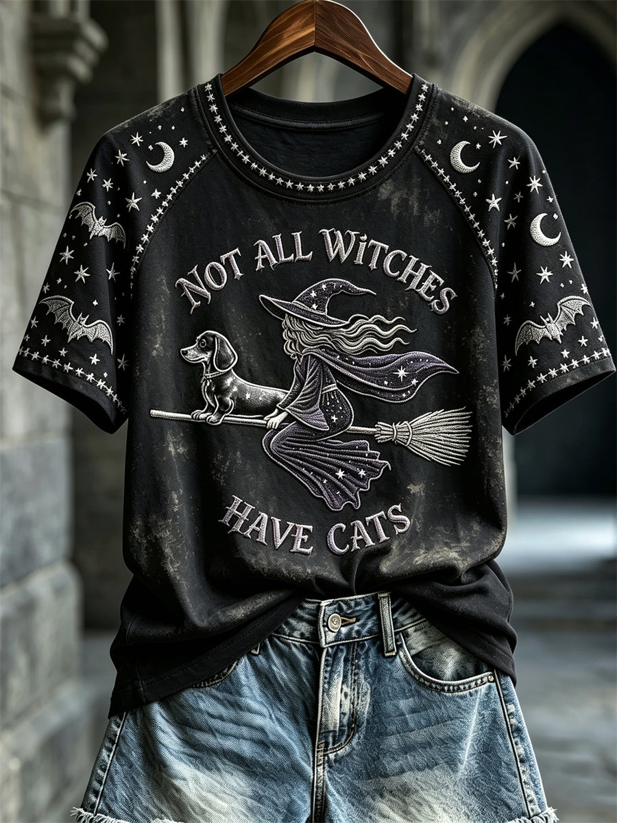 Women's Halloween Not All Witches Have Cats Witch & Dachshund Dog Print short sleeve T-shirt